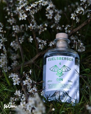 Bottle of Evelsberger Gin with white label and green design among white flowers and grass.