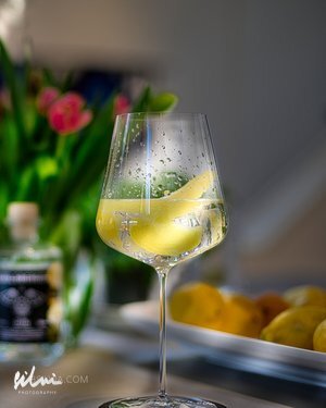 Wine glass with lemon slices and ice, tulips and lemons in the background.