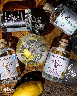 Five Ewelsberger gin bottles with different labels, a glass with ice and lemon, lemons, and branded coasters on a wooden surface.