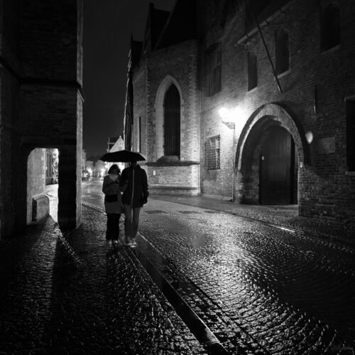 Two people walking under an umbrella on a wet cobblestone street at night with historic buildings.