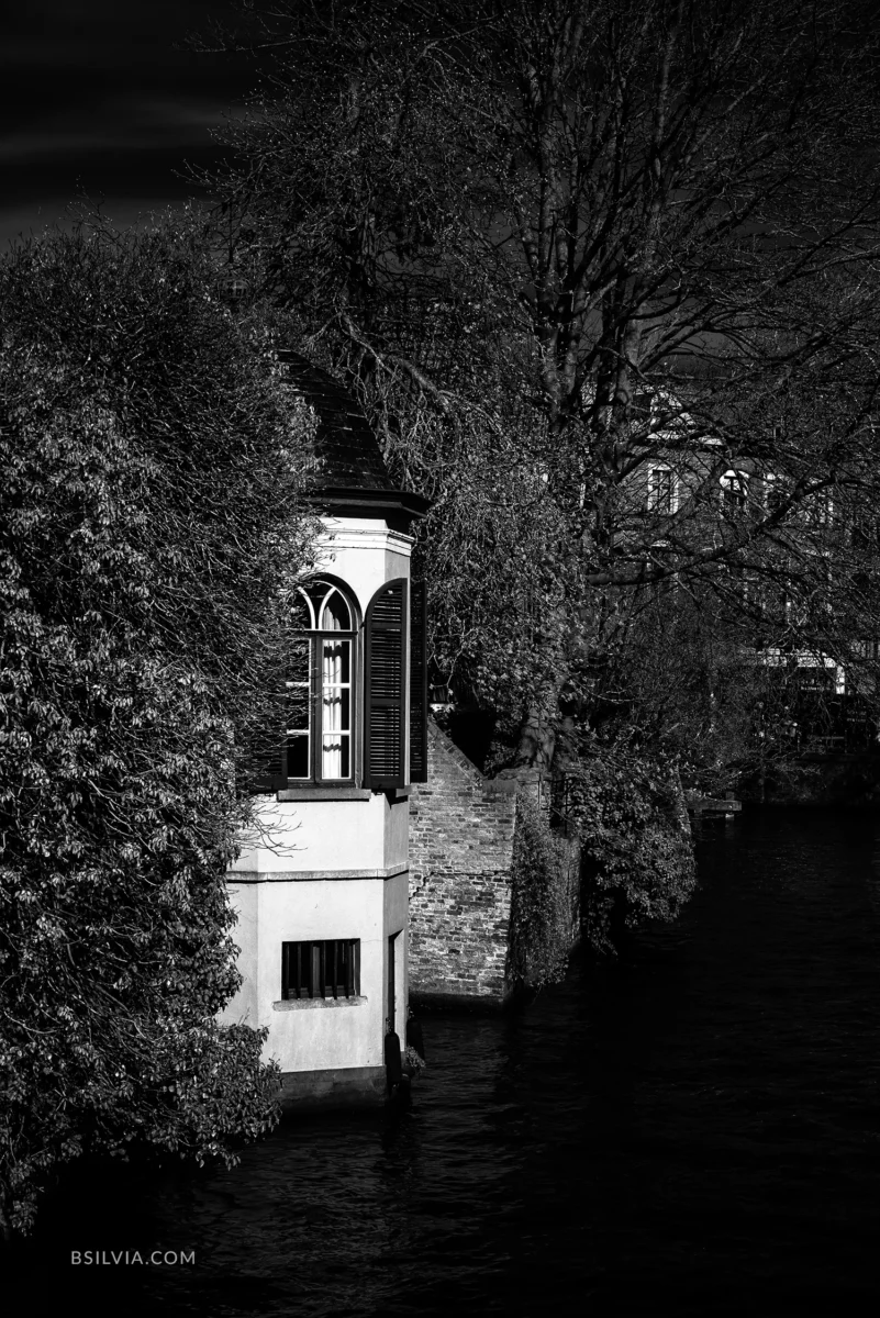 Bruges canal house infrared trees architecture