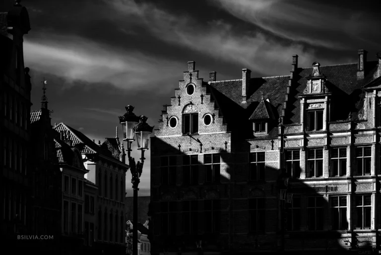 infrared photography Bruges historic buildings dramatic sky